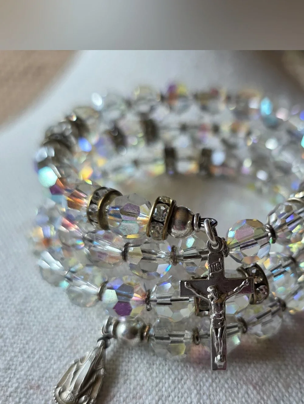 Vintage Sterling Crucifix Mary Medal Aurora Borealis Crystal Coil Bracelet Italy